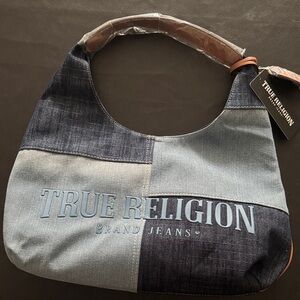 NWT True Religion Blue and Gray Patchwork Bag